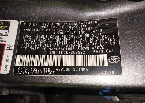 2013 Toyota Camry Le from USA, damaged, VIN 4T4BF1FK3DR309922